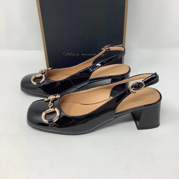YOUTHJUNE Bit-Accent Patent Leather Slingback in Black with Gold Size 37 US‎ 6.5 - Picture 5 of 8